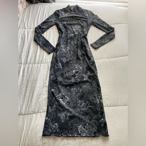 Black Mesh Koi Asian Printed Long Sleeve Sheer Midi Dress Party Whimsigoth Fairy